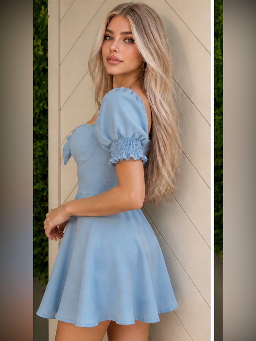Light Blue Puff-Sleeve Mini Romper Dress - Picture 2 of 11